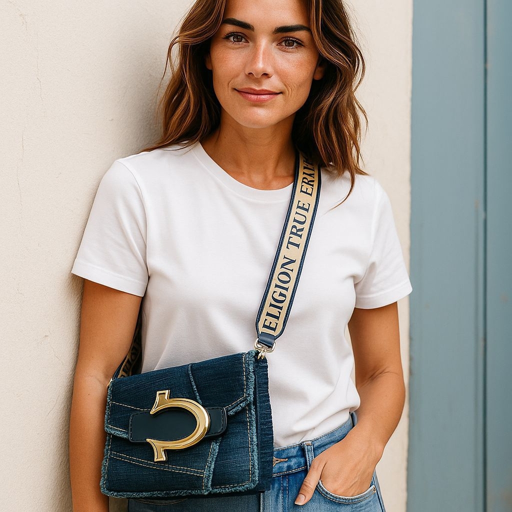 True Religion Blue Crossbody Bag with Gold Accents new no Tag 10" wide 4" high - Picture 3 of 7